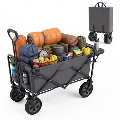 B&Q -  Collapsible Wagon Cart Heavy-Duty Utility Wagon Grocery Cart W/ Folding Side Table & Cup Holders