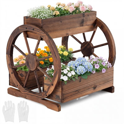 B&Q -  Rustic Wood Wagon Planter 2-Tier Raised Garden Bed With Drainage Holes & Wheels For Vegetables Herbs