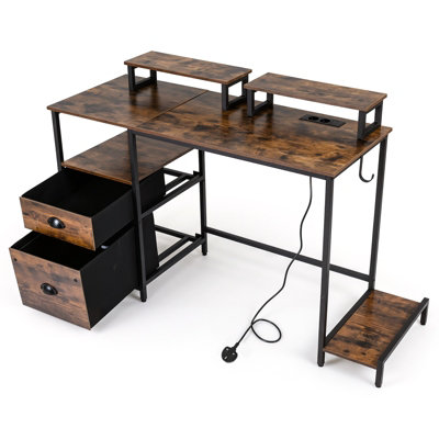 Gainoom Computer Desk Industrial Writing Desk Office Desk With Power Outlets & 2 Monitor Shelves