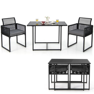 Costway 3 Pieces Outdoor Dining Set Patio Pe Rattan Furniture Set-Gray