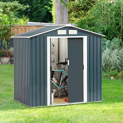 Costway 7 X 4 Ft Galvanized Metal Garden Shed With Foundation Tool Storage House W/ Sliding Door