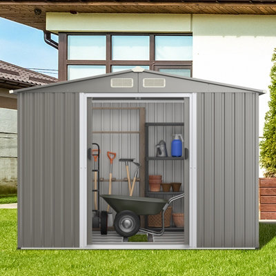 Costway 8 X 6 Ft Outdoor Storage Shed Galvanized Steel Shed W/ Foundation & Ramp