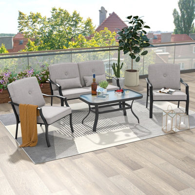 Costway 4 Pcs Patio Furniture Set Outdoor Conversation Set W/ Tempered Glass Coffee Table, Black & Grey