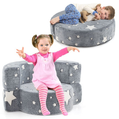 Costway Kids Plush Couch Toddlers 2 In 1 Glow In The Dark Sofa Play Mat-Grey