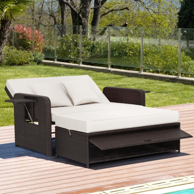 Costway Coswtay Patio Rattan Daybed Set Wicker Loveseat Sofa W/ottoman & Side Tray-White