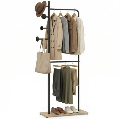 Gainoom Double Rods Clothes Hanging Rack Freestanding Clothes Organizer With Rubber Wood Hooks And Wooden Bottom Shelf from B&Q