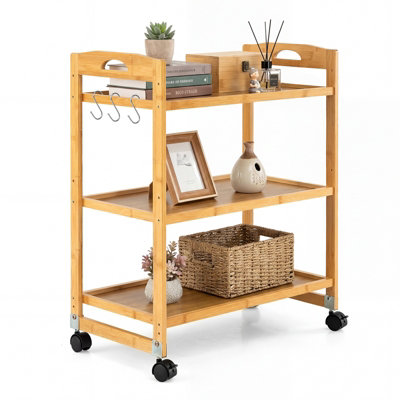 B&Q -  3-Tier Storage Rolling Cart Bamboo Utility Cart Mobile Shelving Organizer W/2 Lockable Wheels