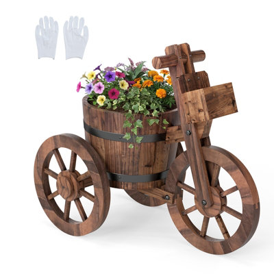 B&Q -  Barrel Tricycle Planter Rustic Wooden Plant Stand With Wheels Indoor Outdoor Decorative Planter Garden Flower Cart