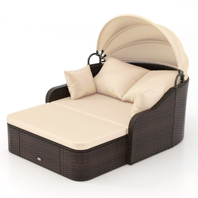 B&Q -  Patio Pe Rattan Daybed With Retractable Canopy Outdoor Sectional Seating Conversation Sofa For Backyard And Poolside