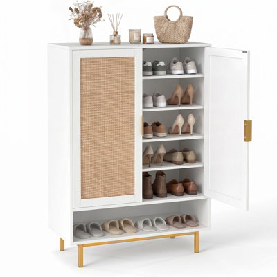 Costway Freestanding Wooden Shoe Rack Organizer 43" Tall Shoe Cabinet With 2 Doors