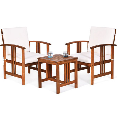 Costway 3-Piece Outdoor Acacia Wood Sofa Set Patio Conversation Set With Cushions-White