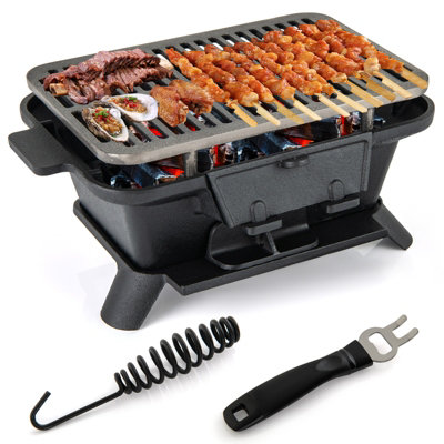 Costway 100% Cast Iron Hibachi Grill Portable Charcoal Barbecue Grill-Black