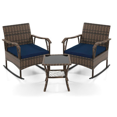 Costway 3 Pieces Rocking Bistro Set Outdoor Pe Wicker Conversation Set With Cushions