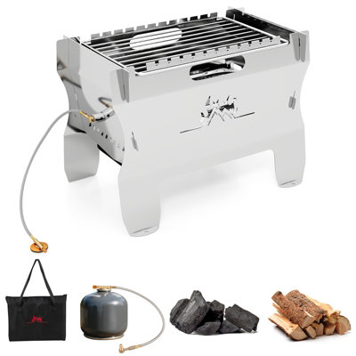 Costway 2-In-1 Camping Grill Patio Portable Dual Fuel Charcoal Wood Gas Firepit-Silver