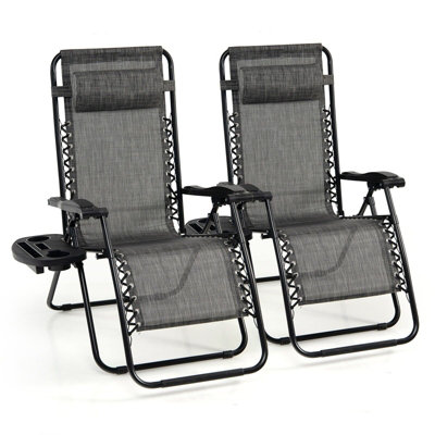 GAINOOM Set Of 2 Folding Zero Gravity Chairs Outdoor Grey Patio Recliners Removable Headrests