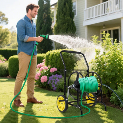 Gainoom Garden Hose Reel Cart 70 M Of 16 mm Large Capacity Heavy-Duty Metal Hose Cart