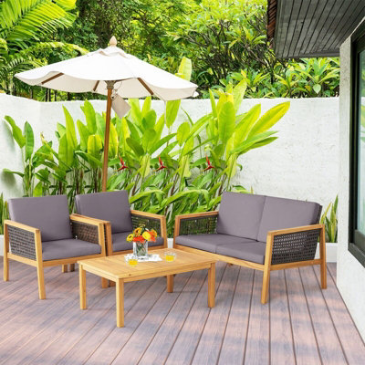 Costway 4Pcs Patio Acacia Wood Furniture Set Outdoor Pe Rattan Conversation Set