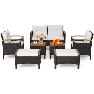 Gainoom 7 Piece Patio Rattan Sofa Set Outdoor Wicker Conversation Set W/ Cushions