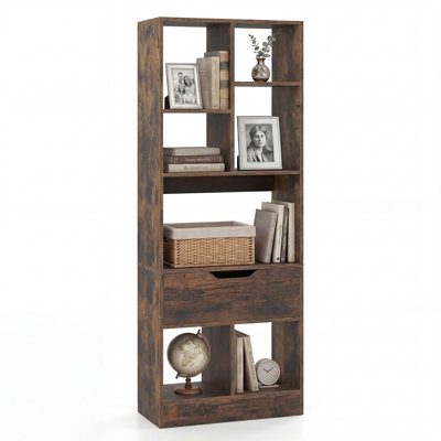 B&Q -  Bookcase With Drawer Tall Freestanding Bookshelf With 7 Open Cubes Floor Display Rack