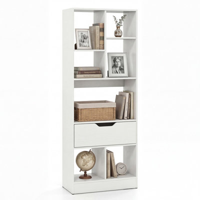 B&Q -  Bookcase With Drawer Tall Freestanding Bookshelf With 7 Open Cubes White