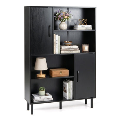 B&Q -  Cube Storage Cabinet Bookcase With 2 Doors & 4 Open Shelves Side Display Cabinet Black