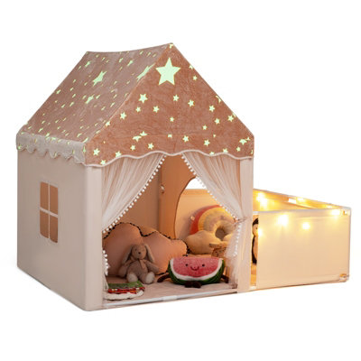Costway Unisex Beige Kids Playhouse Tent With Play Area Padded Mat & Star Lights Fabric - Image 7