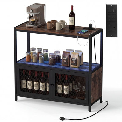 B&Q -  Coffee Bar Cabinet With Led Lights Industrial Buffet Sideboard With Charging Station Rustic Brown