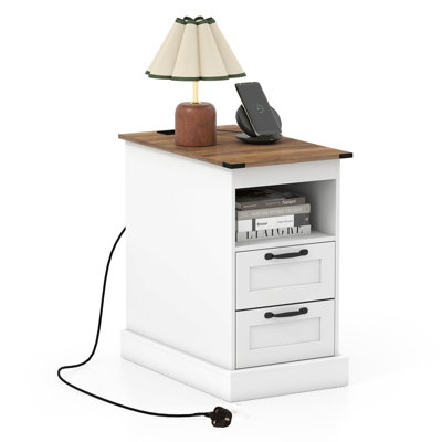 B&Q -  Farmhouse Nightstand With Charging Station Bedside End Table Rustic Brown+White