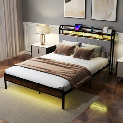 Costway King Size Heavy Duty Metal Platform Bed With Linen Upholstered Headboard And 2 Tier Storage Metal Slats Support