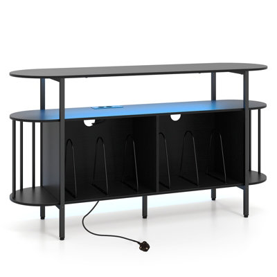 B&Q -  140Cm Record Player Stand With Led Lights & Power Outlets 3-Tier Vinyl Record Storage Cabinet Black