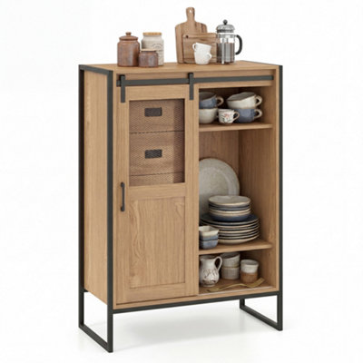 B&Q -  Floor Storage Cabinet Rustic Storage Organizer With Sliding Door 5 Drawers & Adjustable Shelves Nartual