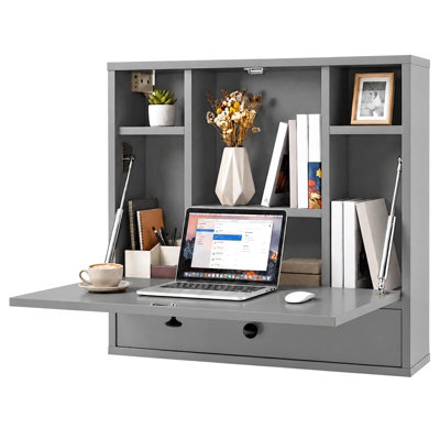Costway Wall-Mounted Fold-Down Desk Floating Computer Workstation Hanging Desk With Drawer And 6 Cubes Space-Saving Gray