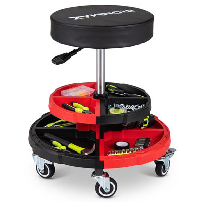 Costway Unisex Red Rolling Mechanic Stool With Cushioned Seat & Tool Trays & Black Size 2 - Image 2