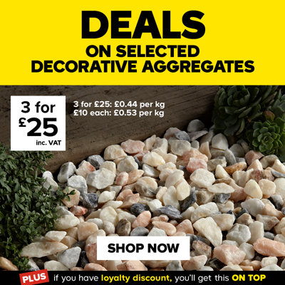 Deals on selected decorative aggregates. 3 for £25 including VAT £0.44 per KG, standard price is £10 each, £0.53 per KG. Shop now.