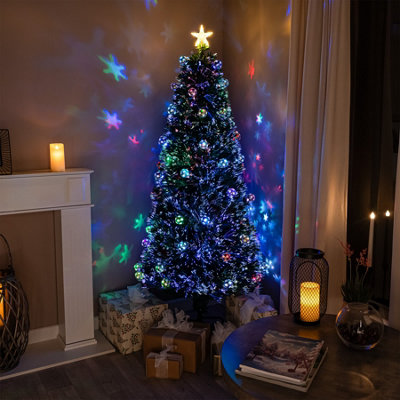 7FT (210cm) Green Fibre Optic Christmas Tree with Multi-coloured LED Lights and Baubles