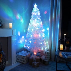 7ft (210cm) White Irridescent Fibre Optic Christmas Tree with Multicoloured LED Lights