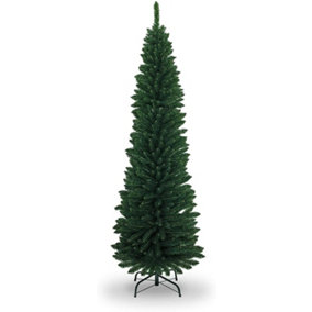 7Ft Artificial Flocked Slim Christmas Pencil Green Tree Holiday Home Decorations with Pointed Tips and Metal Stand