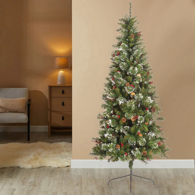 7Ft. Christmas Tree with Pinecones and Berries - 210cm Part Decorated Artificial Tree - Metal Floor Stand