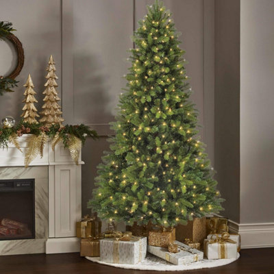 7ft Green Christmas Tree Pre Lit With 350 LED Lights & Foldable Metal Stand Bushy Pine Xmas Outdoor - 7