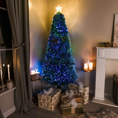 7ft Green Pinprick Fibre Optic Xmas Tree with Multi Coloured Fibre Optic Lights