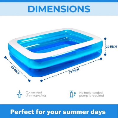 7ft Inflatable Paddling Pool Rectangular Family Swimming Pool Outdoor ...