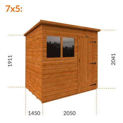 7ft x 5ft (2050mm x 1450mm) Horsforth Shiplap Pent Shed with 2 Window (12mm Tongue and Groove Floor and Roof)
