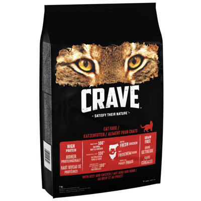 7kg Crave Natural Grain Free Adult Complete Dry Cat Food Chicken & Beef Biscuits