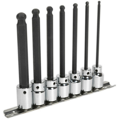 7pc Ball End Hex Socket Bit Set 3/8" Square Drive 3mm to 10mm - 110mm Long Shaft