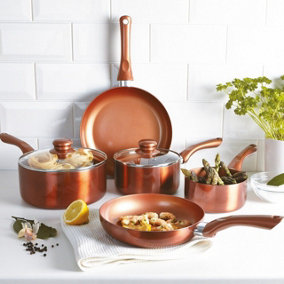 7pc Cermalon Pan Set - Dishwasher Safe Copper Colour Aluminium Kitchen Cookware with Non-Stick Coating - Suitable for All Hobs