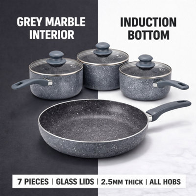 7PC Grey Marble Effect Aluminium Cookware Set with Glass Lids Induction