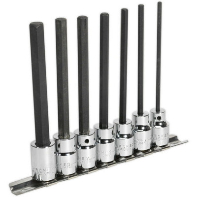 7pc Hex Socket Bit Set 3/8" Square Drive 3mm to 10mm - 110mm Long Shaft S2 Steel
