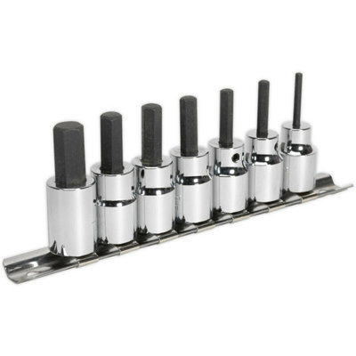 7pc Hex Socket Bit Set 3/8" Square Drive 3mm to 10mm 48mm Long Shaft S2 Steel DIY at B&Q