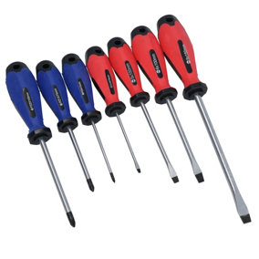 7pc Screwdriver Set Slotted Flat And Pozi Headed With Soft Grip Handles