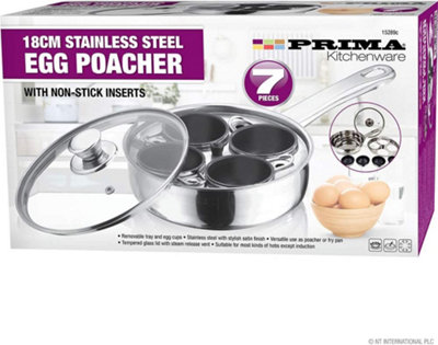 7pc Stainless Steel Egg Poacher Pan 4 Hole Cup Poach Saucepan Frying Glass Lid Non Stick New See Through Transparent Vented Glass